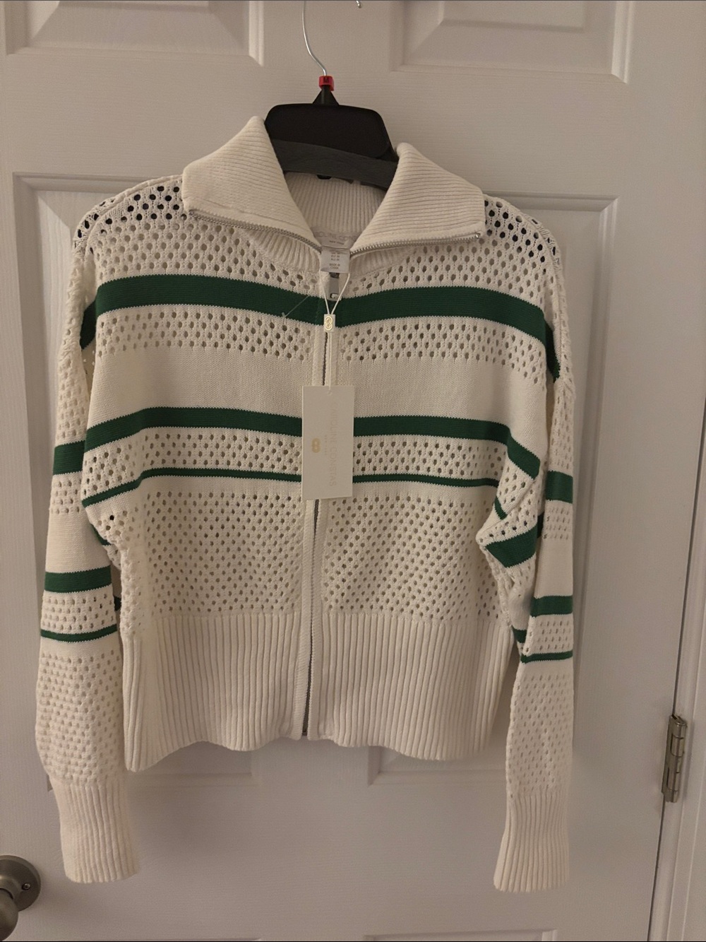 Caroline Constas Cream Open-Knit Zip Cardigan with Green Stripes